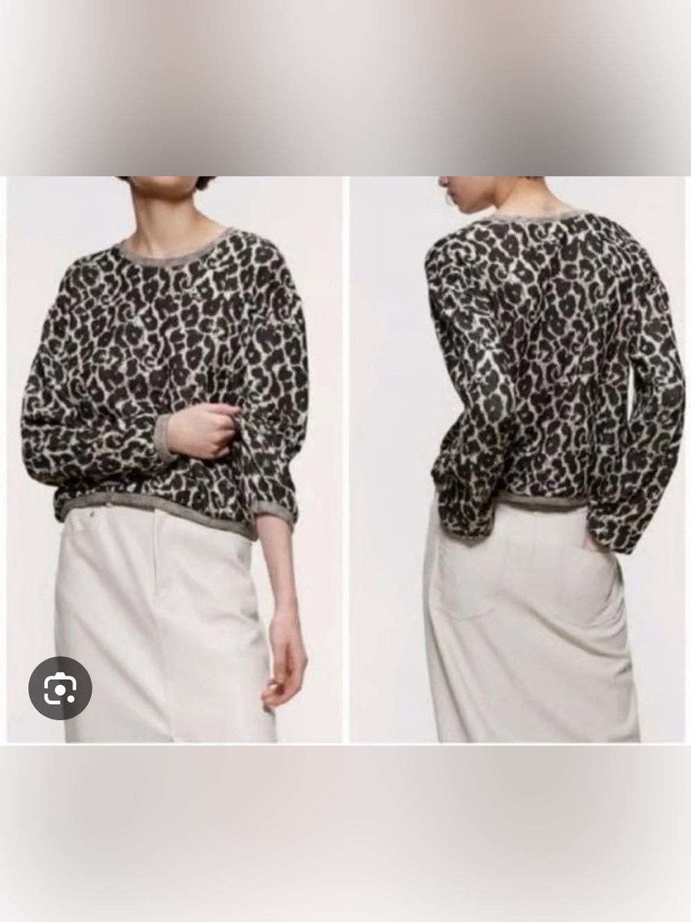 Zara Leopard Print Long-Sleeve Sweater Top in Black and Cream